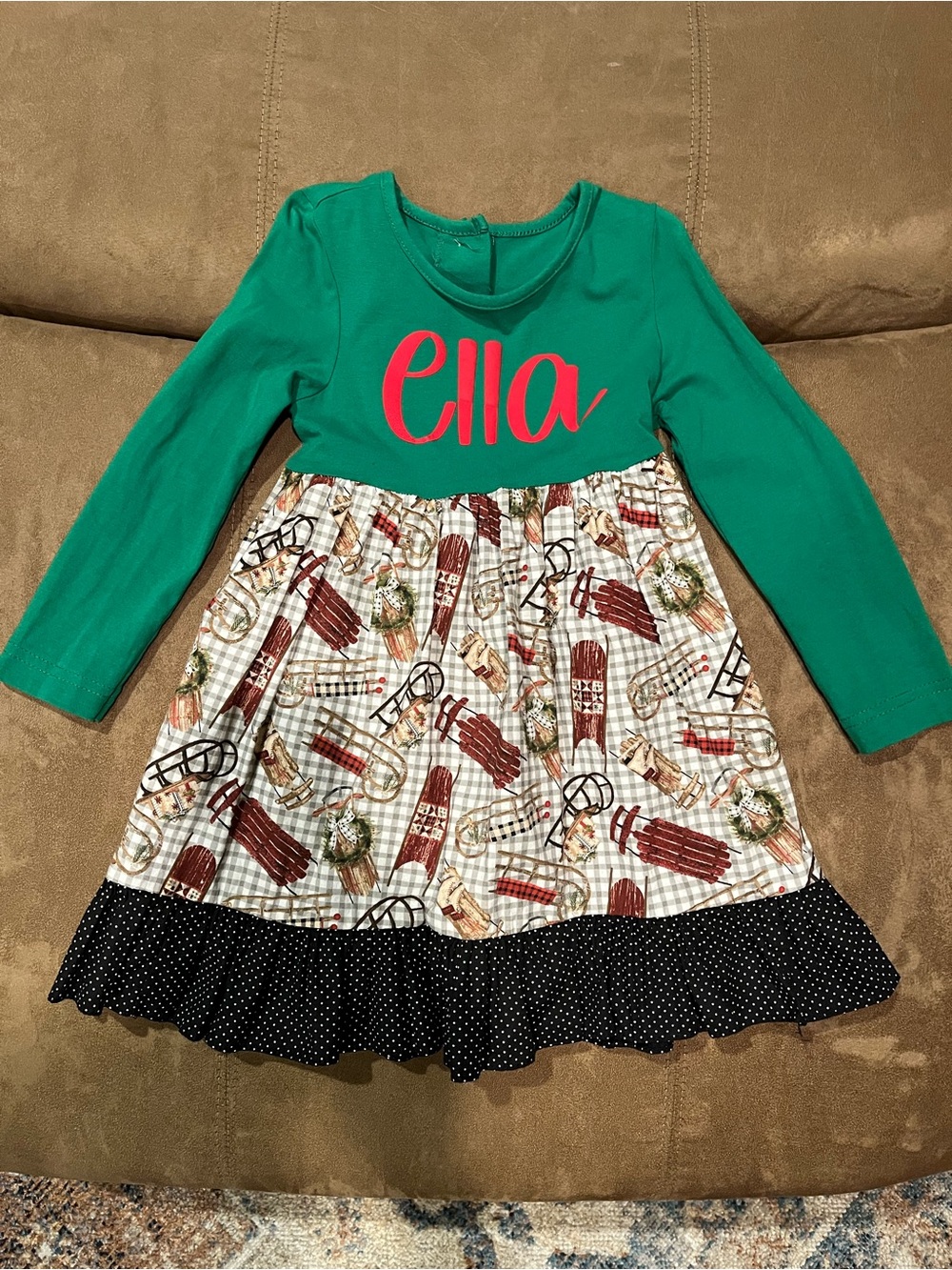 Ella Personalized Green/Print Long-Sleeve Dress